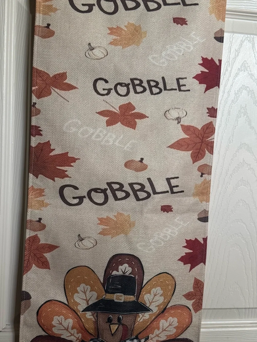 NWT Thanksgiving 'Gobble' Table Runner in Beige, Brown, Orange, Fall, 13x72